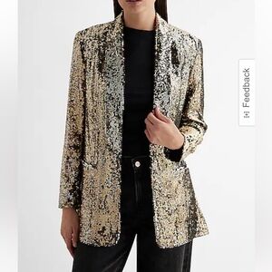 NWT Express sequin open front boyfriend blazer size L, gold